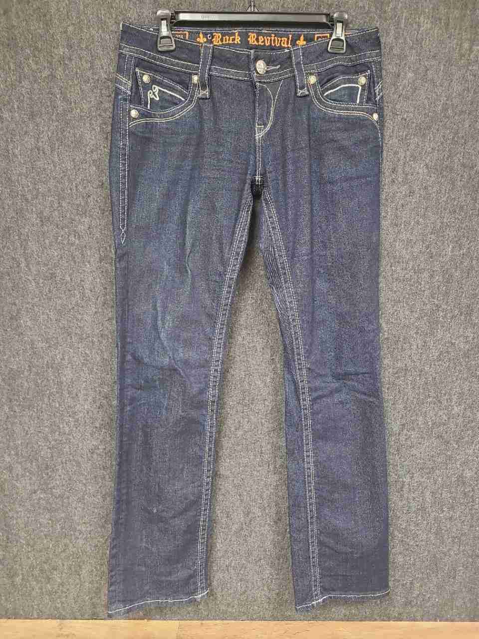 Rock Revival Women's Heather Easy Straight Dark Wash Flap Pocket Jeans Sz 27