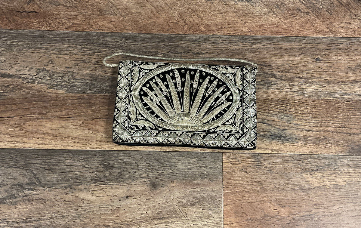 Vintage Black Velvet Hand Embroidered Zardozi Clutch Bag India Silver Metallic