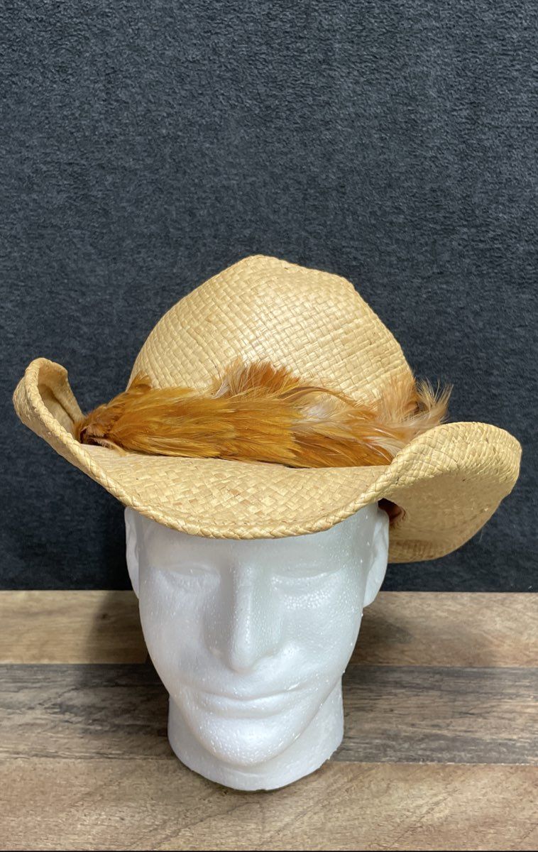 Shady Brady Western Straw Cowboy Hat Natural Tan Feather Band Size L