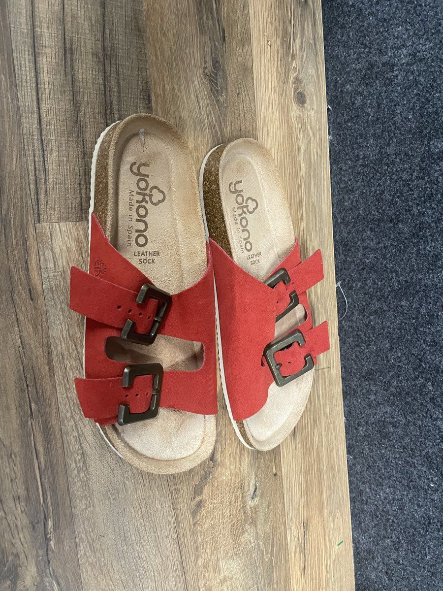 Yokono Red Leather Two-Strap Buckle Slide Sandals Made in Spain Size 7.5