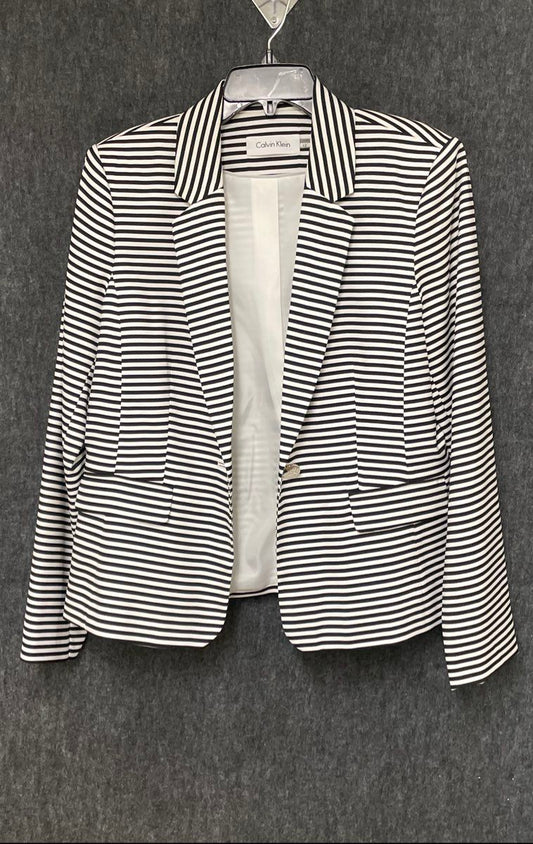 Calvin Klein Women's Black White Striped One Button Blazer Jacket Sz 12