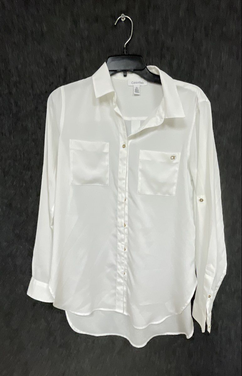 Calvin Klein Women's White Roll Tab Sleeve Button Up Blouse Shirt Sz S