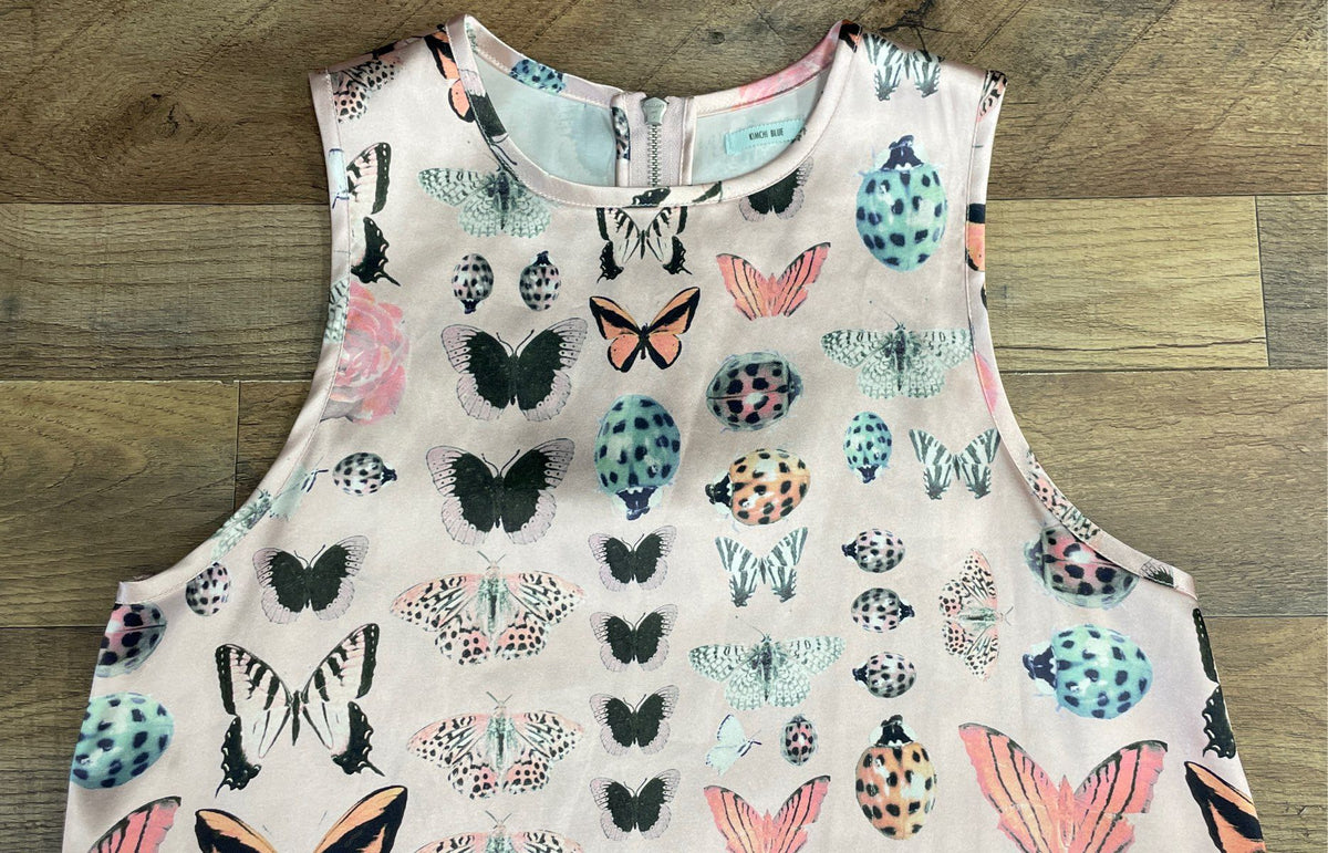 Kimchi Blue Women's Pink Satin Bug Print Butterfly Ladybug Shift Dress Sz M