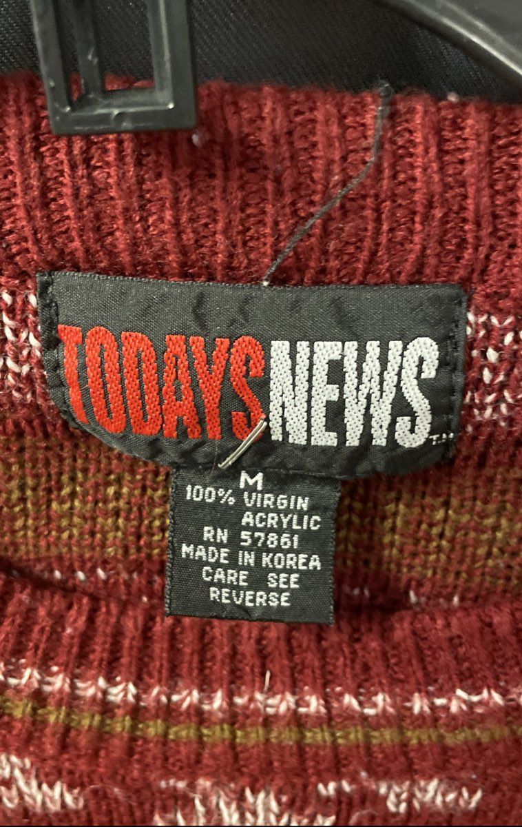Vintage 90s Todays News Geometric Fair Isle Knit Burgundy Sweater Sz M