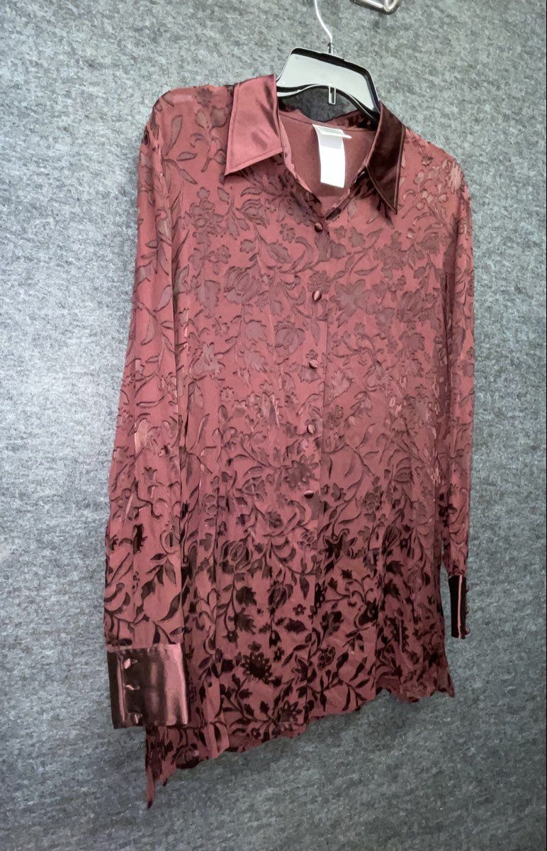 Vintage Y2K Laura Ashley Women's Burgundy Silk Floral Devore Blouse Tunic Sz 12