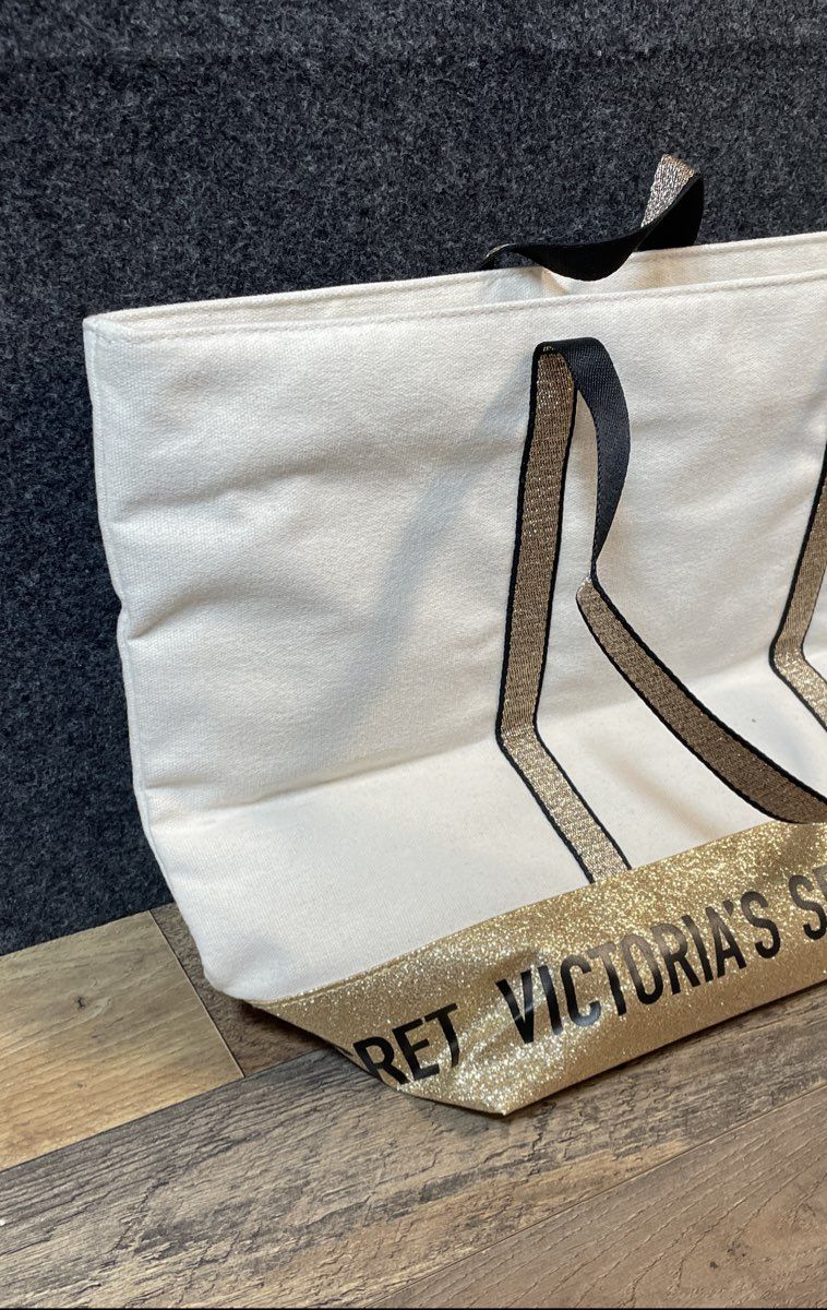 Victoria's Secret Cream Gold Glitter Canvas Large Tote Shoulder Bag Handbag NWT