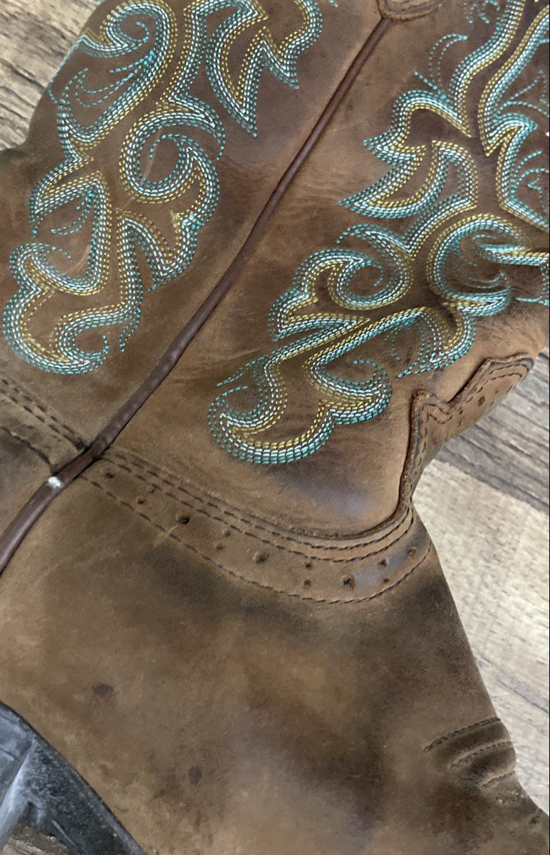 Justin Women's Brown Teal Yellow Stitch Square Toe Western Boots Size 9