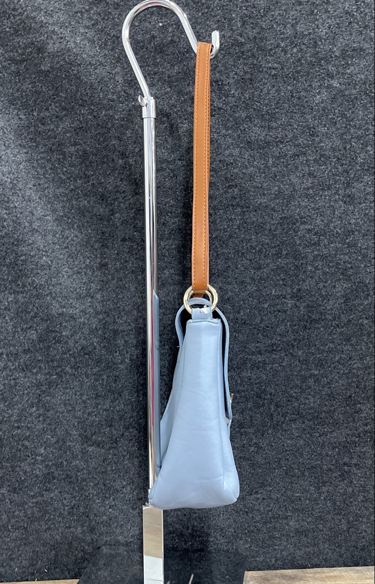 Light Blue Faux Leather Shoulder Bag Tan Adjustable Strap Gold Hardware 13x10