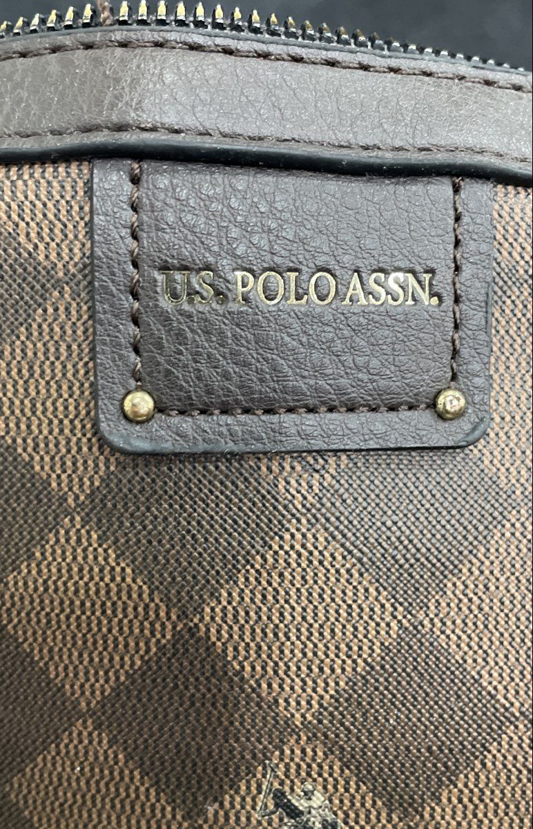 U.S. Polo Assn. Brown Checkered Monogram Crossbody Bag Gold Hardware