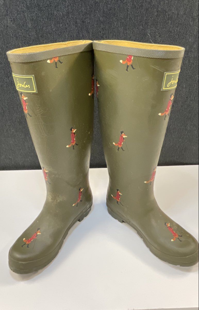 Joules Olive Green Mr Fox Print Tall Rubber Rain Boots Wellies Size 8