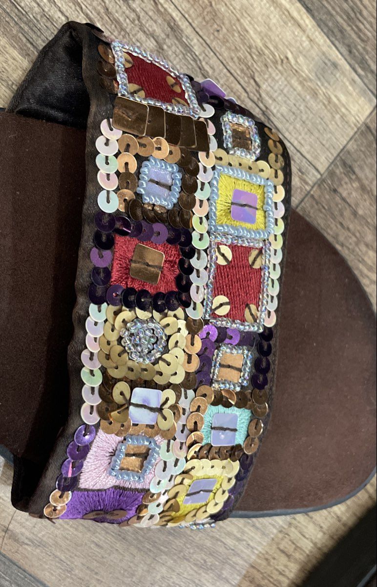 Amanda Smith Bohemian Brown Multi Beaded Flat Slides Sandals Size 11M