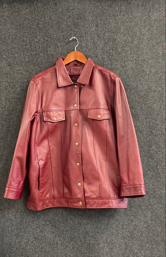 Vintage Y2K Terry Lewis Women's Burgundy Genuine Leather Jacket Sz L