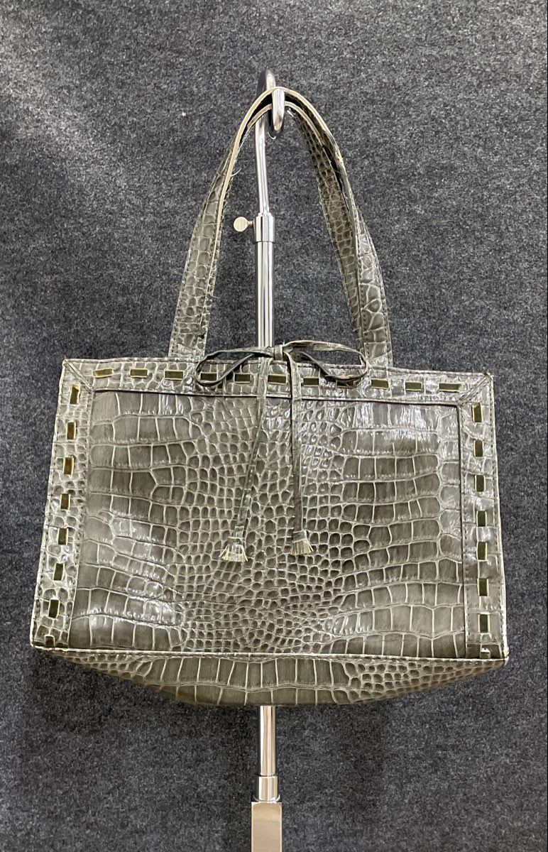 Liz Claiborne Green Croc Embossed Leather Tote Handbag Brass Studded