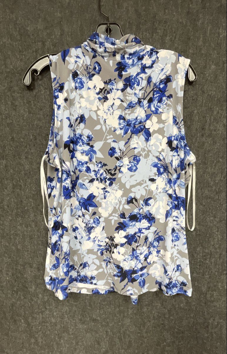 Calvin Klein Women's Blue White Gray Floral Drape Neck Sleeveless Blouse Sz L