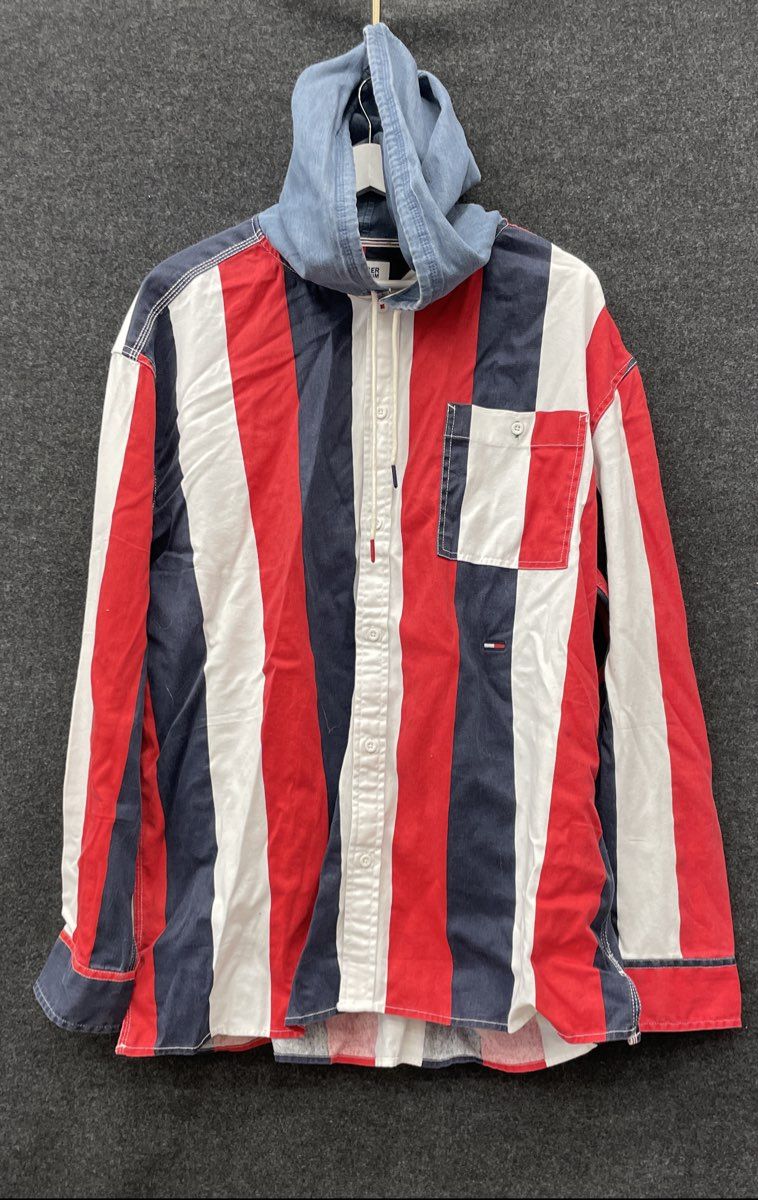 Tommy Hilfiger Denim Men's Red White Blue Striped Button Up Hoodie NWT Size L