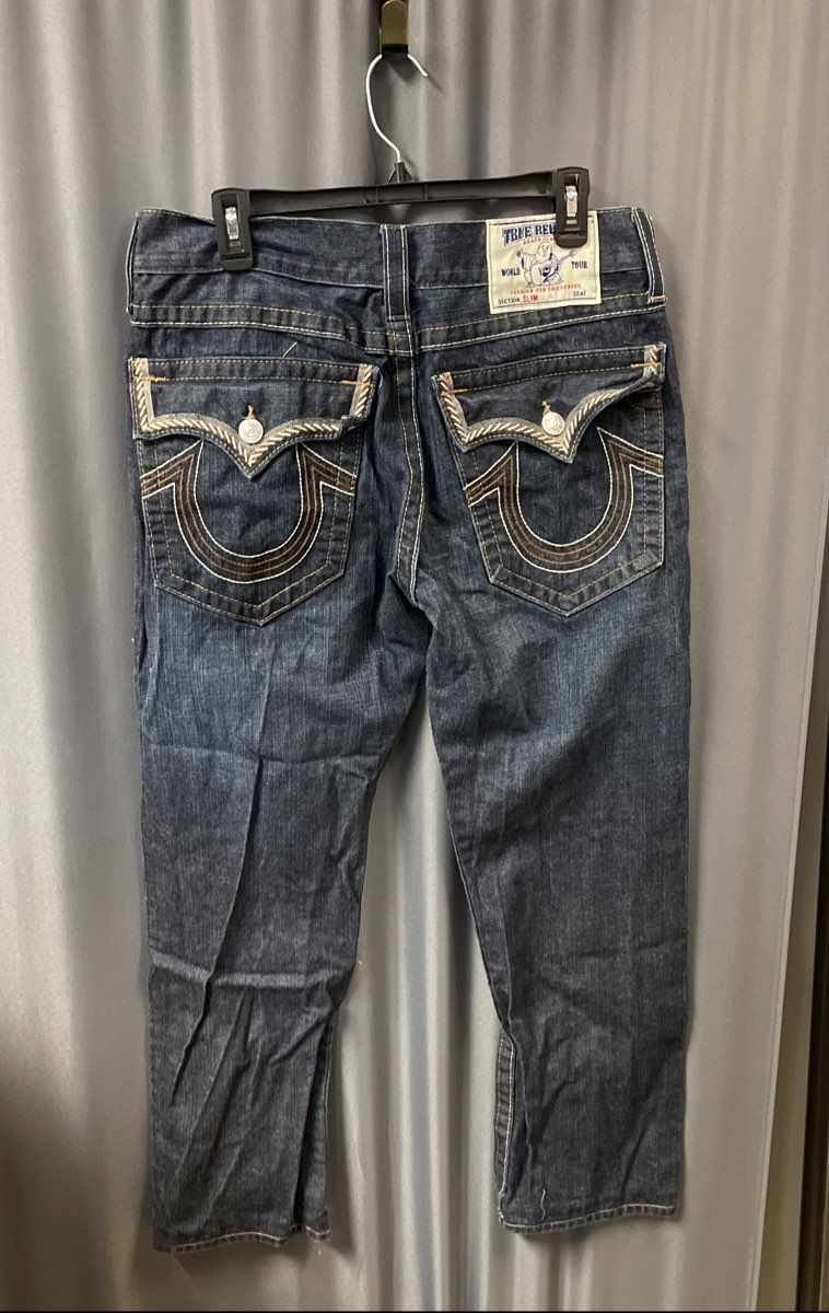 True Religion Men's Blue Slim Fit Embroidered Flap Pocket Denim Jeans Sz 38