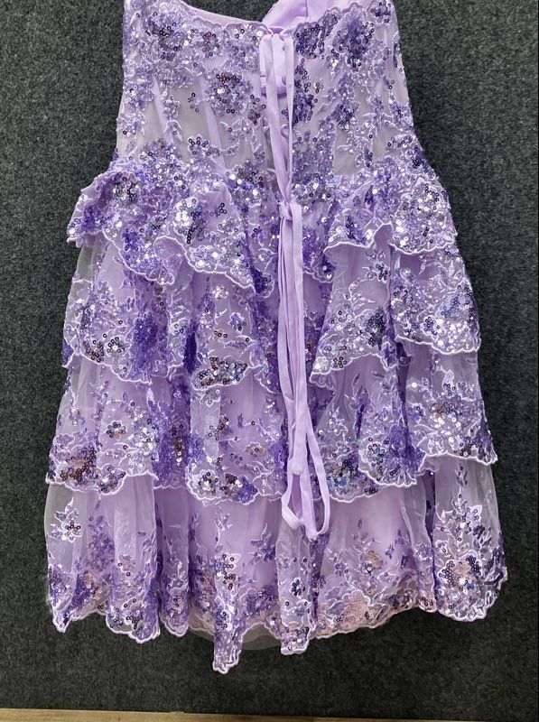 Stacees Women's Lilac Sequined Floral Lace Tiered Corset Back Mini Dress NWT 0