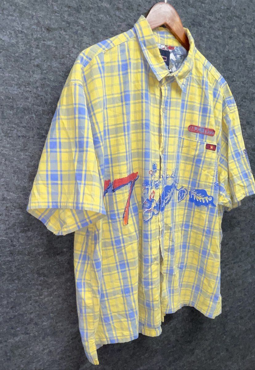 Vintage 90s Bugle Boy Men's Yellow Blue Plaid Graphic Button Down Shirt 2X