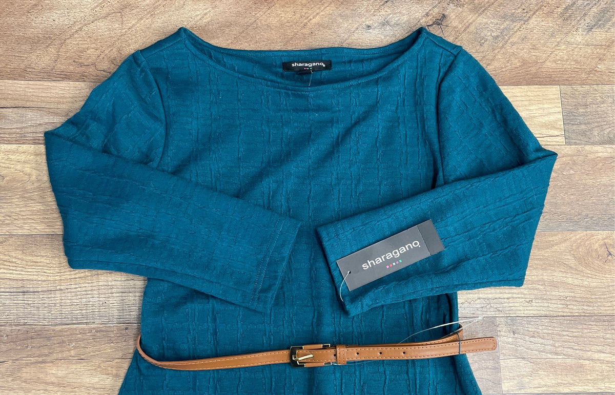 Sharagano Women's Teal Textured Stretch Sheath Dress with Belt NWT Size 10