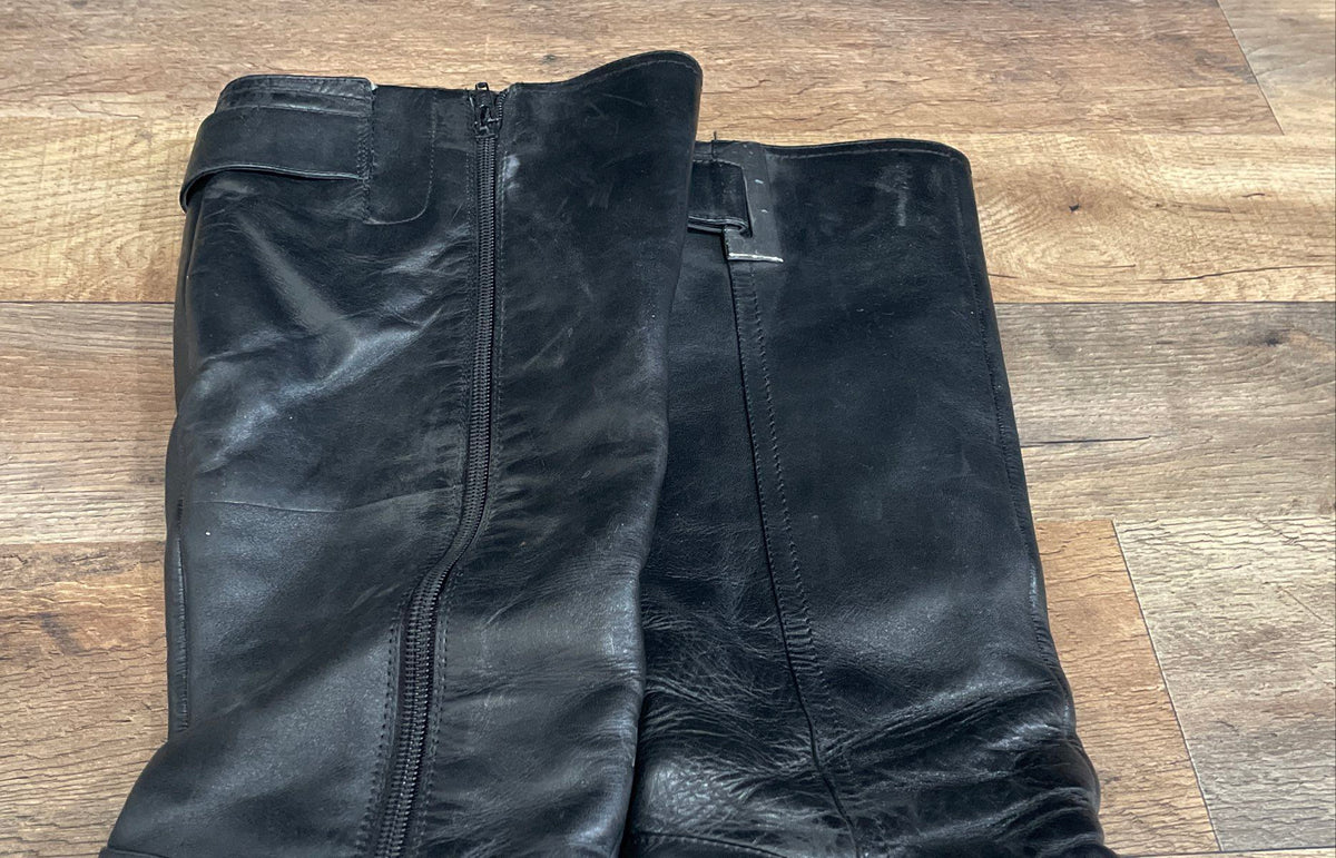 Black Leather Knee High Stiletto Boots Pointed Toe Buckle Zip Size 8