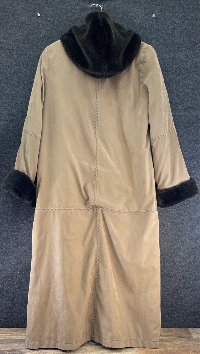 Utex Design Women's Tan Faux Fur Lined Hooded Long Trench Coat Jacket Sz M
