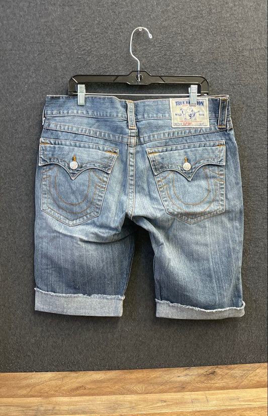 True Religion Men's Blue Denim Cut Off Shorts Contrast Stitching Raw Hem Sz 36