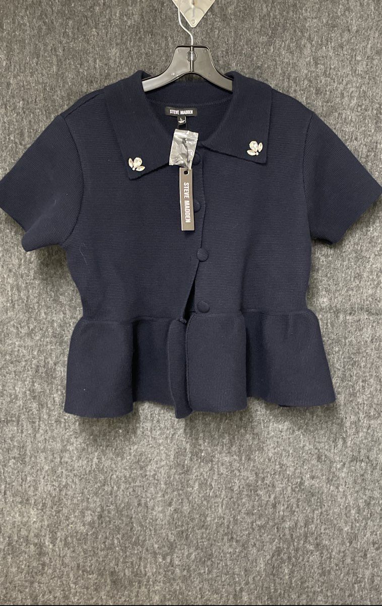 Steve Madden Women's Navy Roxanna Jewel Embellished Peplum Knit Top NWT Sz L
