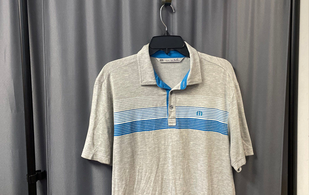 TravisMathew Men's Heather Gray Blue Striped Short Sleeve Polo Shirt Sz M