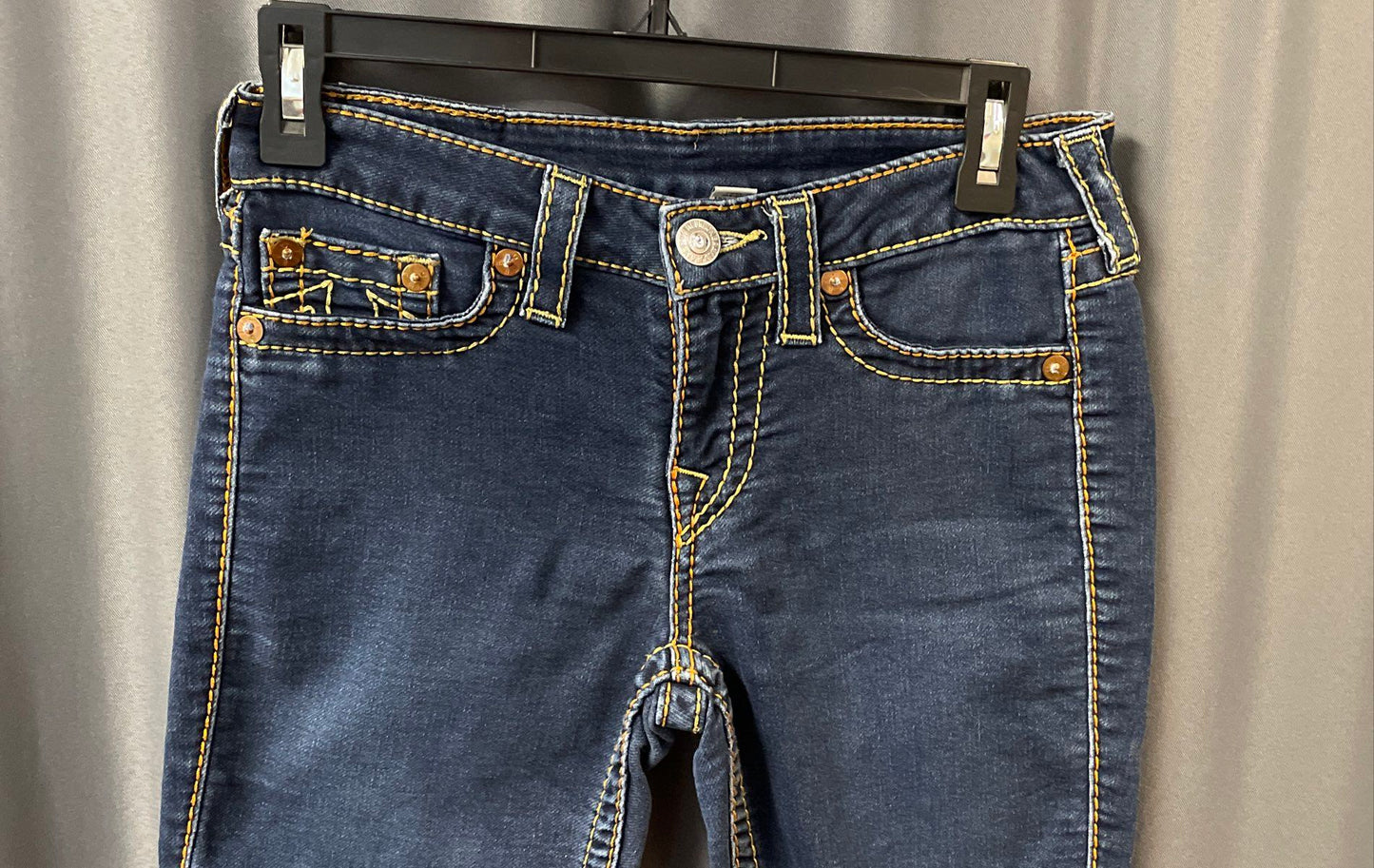 True Religion Women's Section Legging Blue Jeans Yellow Contrast Stitch Sz 28