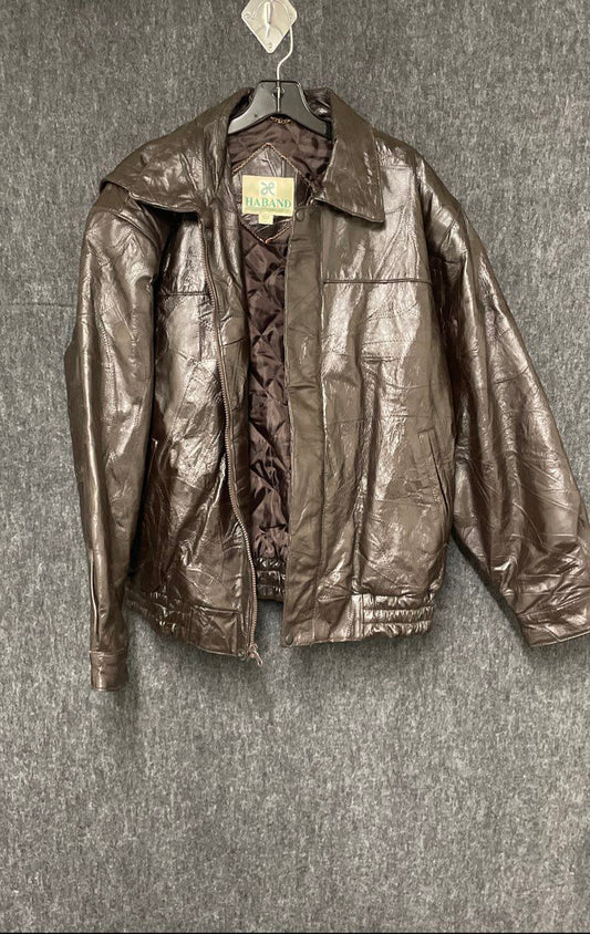 Haband Men's Vintage 90s Genuine Leather Patchwork Bomber Jacket Brown Size L