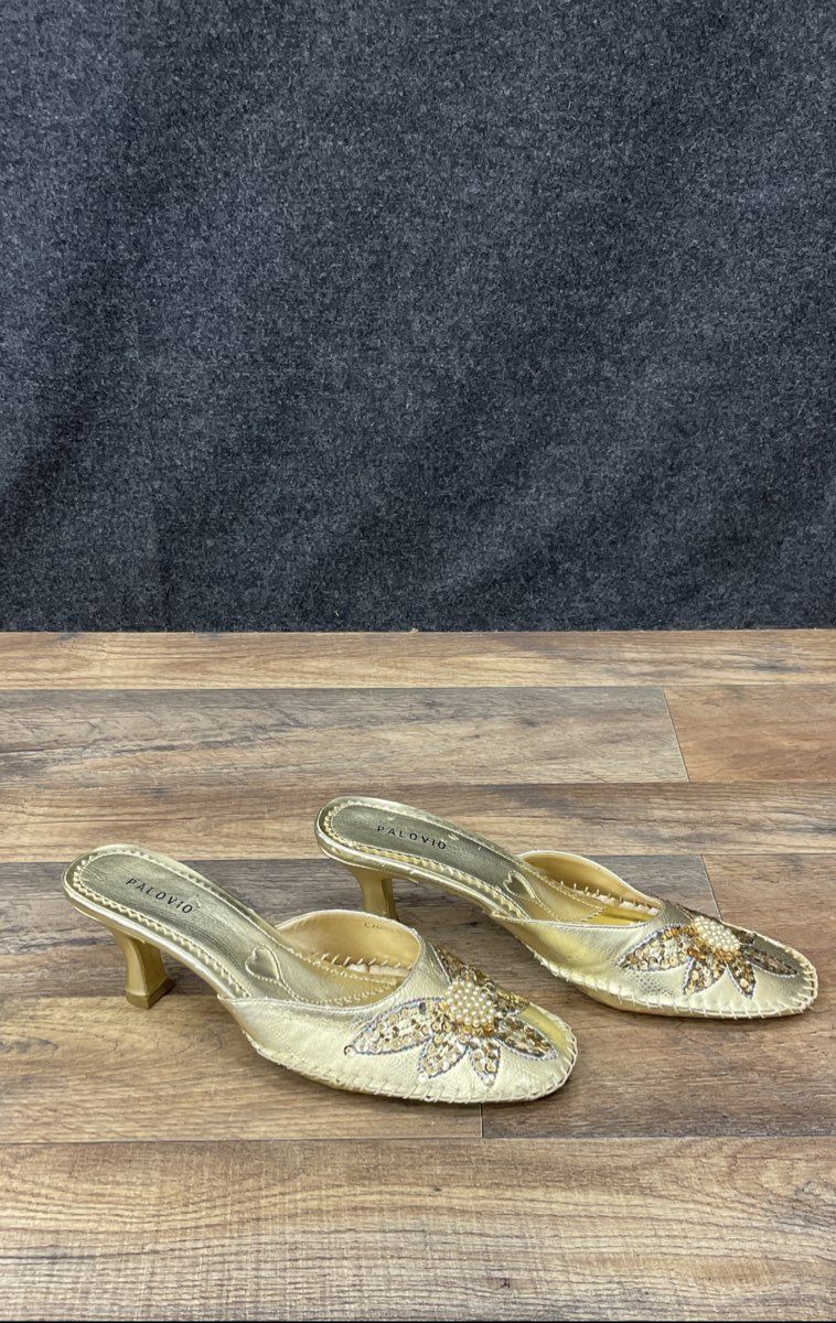 Palovio Metallic Gold Sequin Floral Heeled Mules Women's Size 8.5