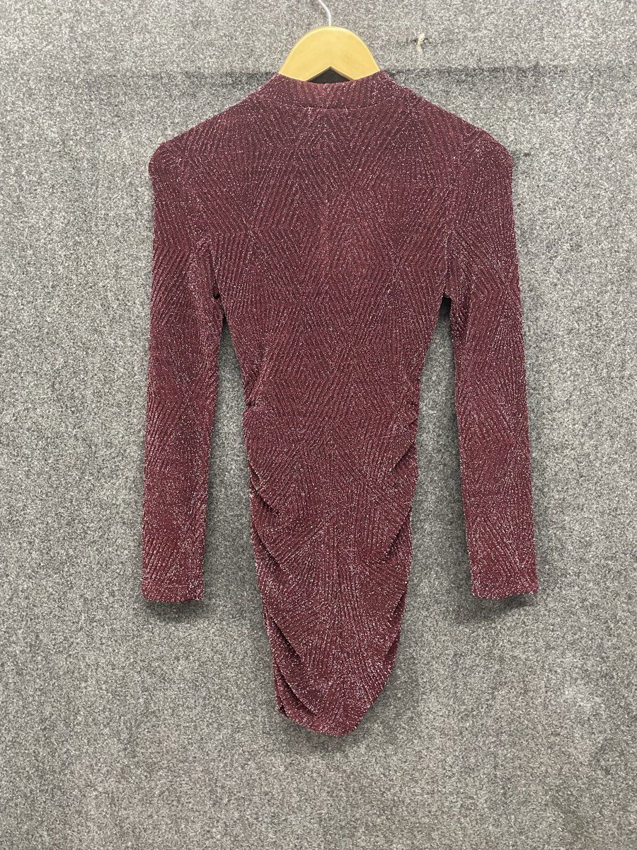 Speechless Women's Burgundy Metallic Mock Neck Long Sleeve Ruched Mini Dress XS