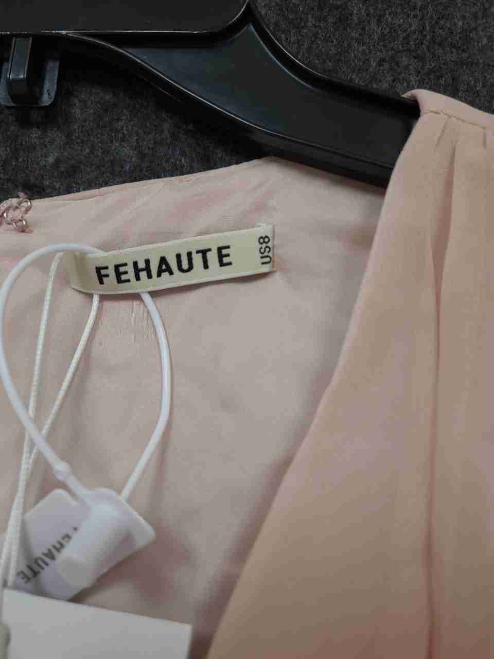 FEHAUTE Women's Blush Pink Chiffon V-Neck Maxi Dress Rosette NWT Sz 8