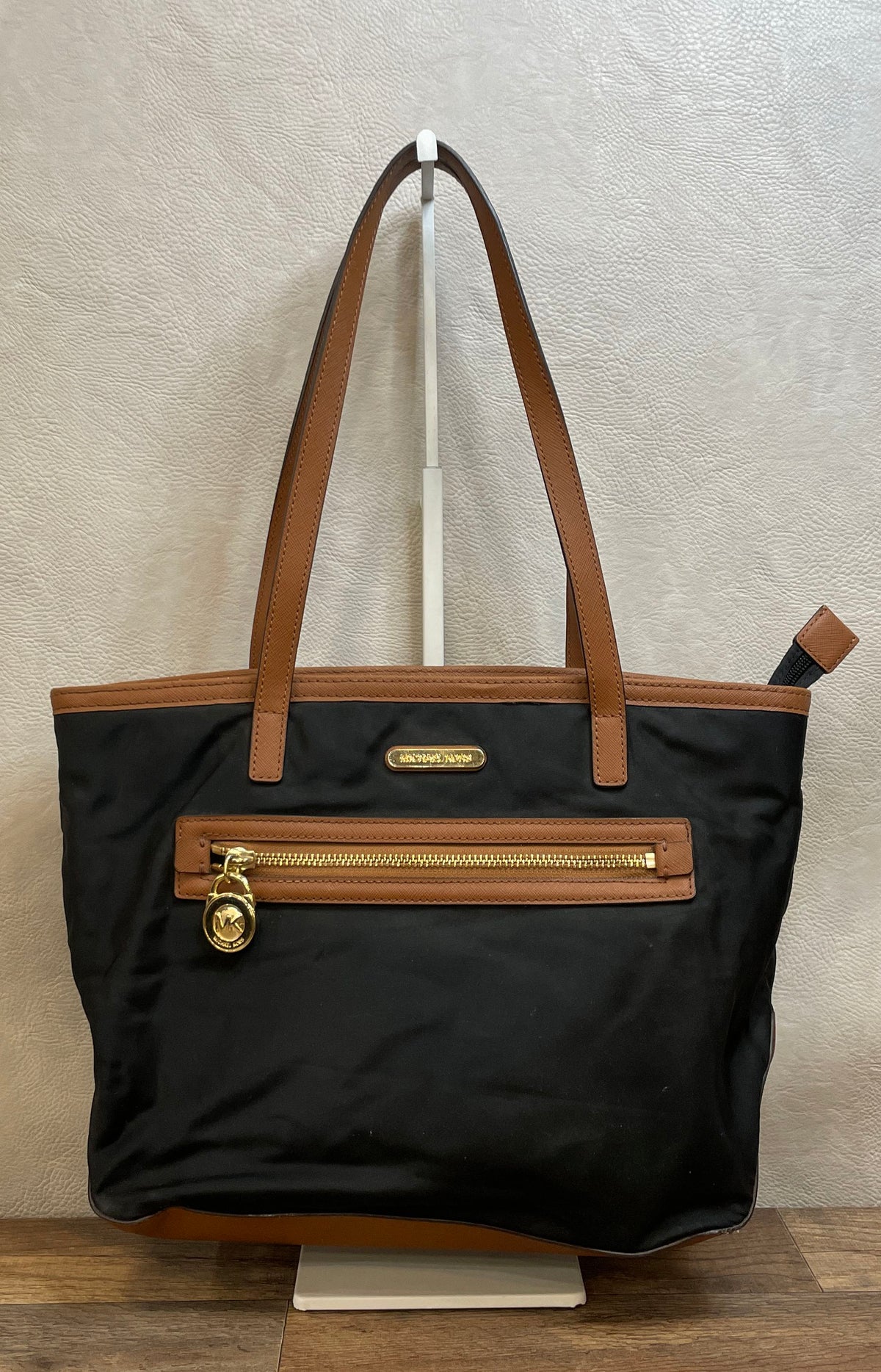 Michael Kors Black Nylon Brown Leather Tote Bag with Tan Wallet Gold HW