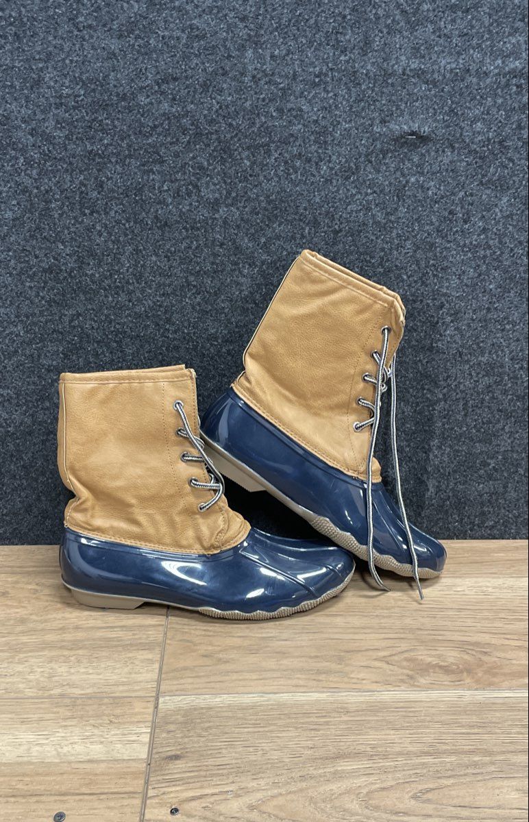 Navy Blue & Tan Duck Boots Waterproof Rain Snow Lace Up Size 10