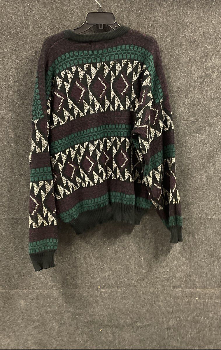 Vintage 90s Impact Men's 2X Geometric Sweater Green Purple Leather Trim Acrylic
