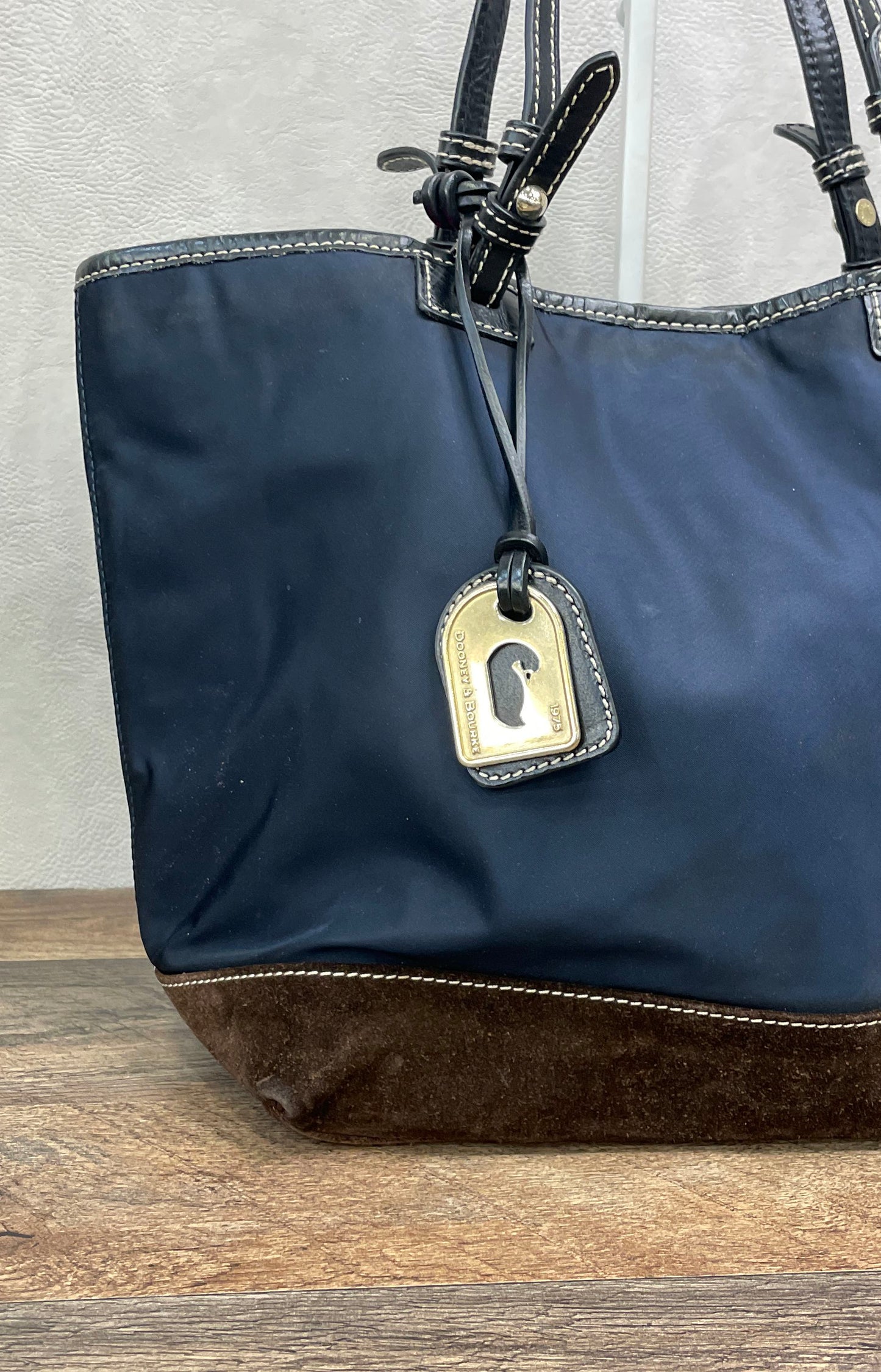 Dooney & Bourke Blue Nylon Brown Suede Tote Bag Gold Hardware