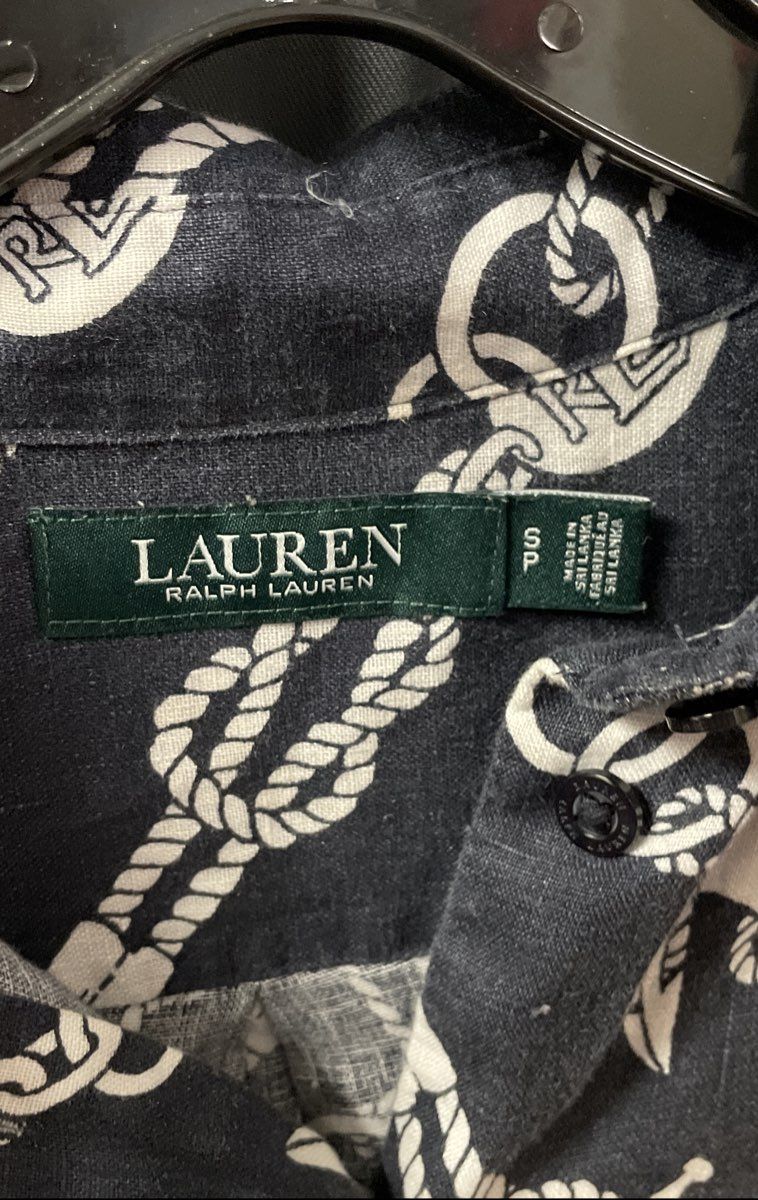 Lauren Ralph Lauren Women's Navy Nautical Rope Anchor Print 100% Linen Shirt SP