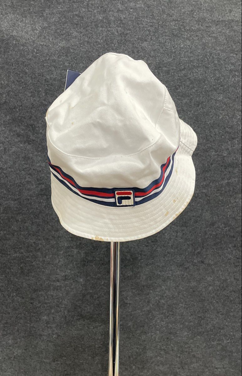Fila Unisex White Cotton Bucket Hat Red Navy Striped Logo NWT