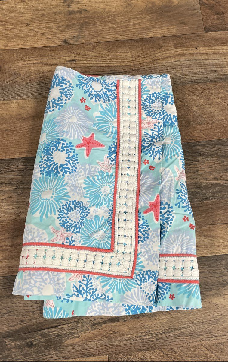 Lilly Pulitzer Women's Blue Coral Starfish Sea Life Print Skirt Lace Trim Sz 2
