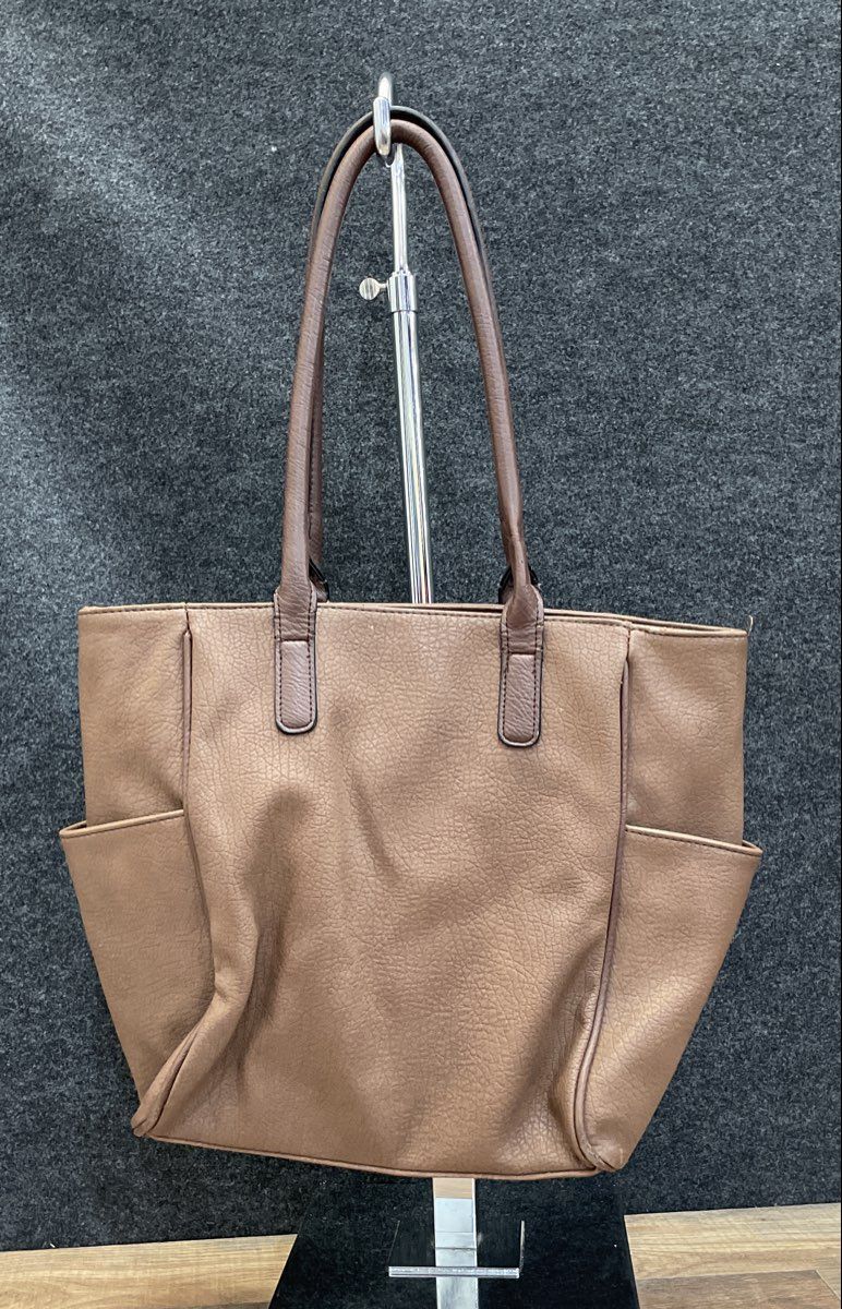 Bueno Brown Leather Tote Shoulder Bag with Silver Flower Charm