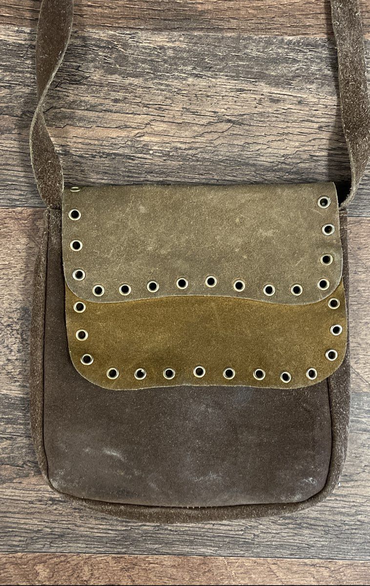 Vintage Brown Green Suede Leather Crossbody Bag Bohemian Eyelet Grommet Trim