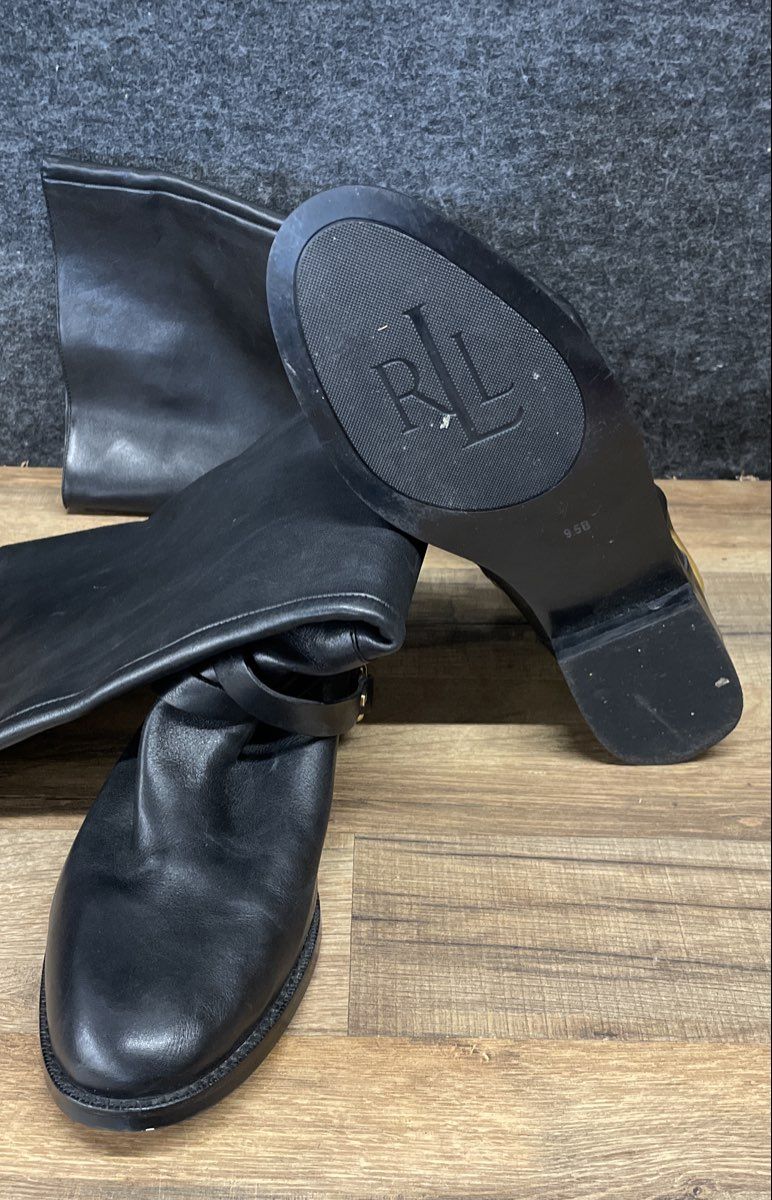 Ralph Lauren Jenny Black Leather Knee High Harness Boots Women's Size 9.5