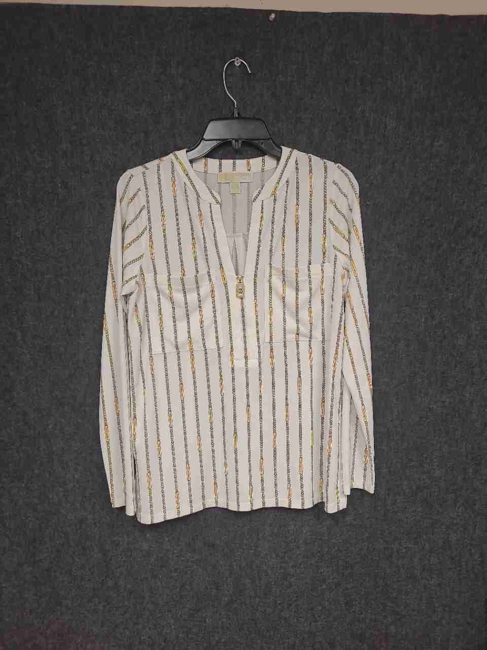Michael Kors Women's White Chain Link Print Zipper V-Neck Blouse Tunic Sz S