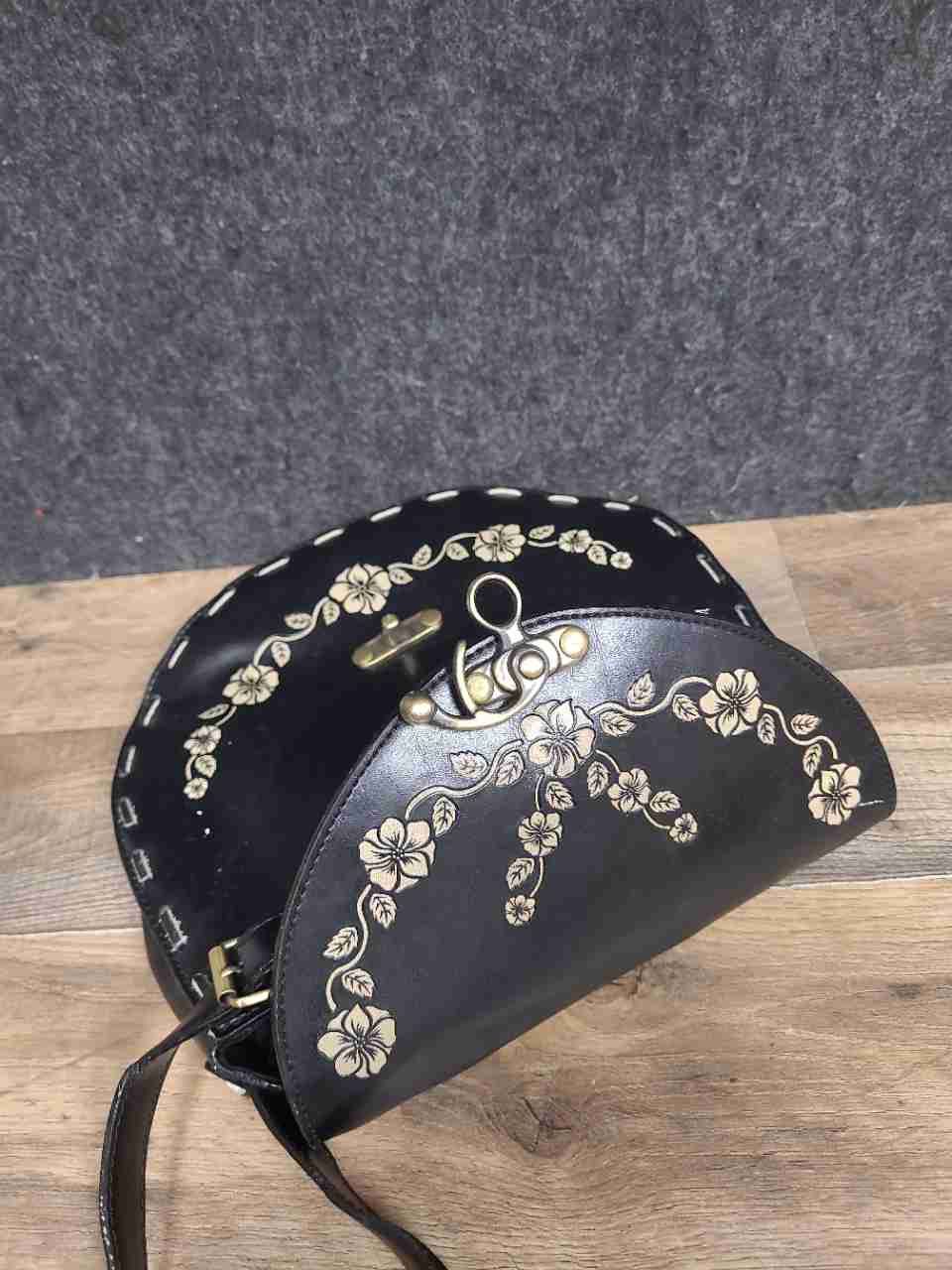 Black Floral Faux Leather Whipstitch Crossbody Saddle Bag Brass Hardware