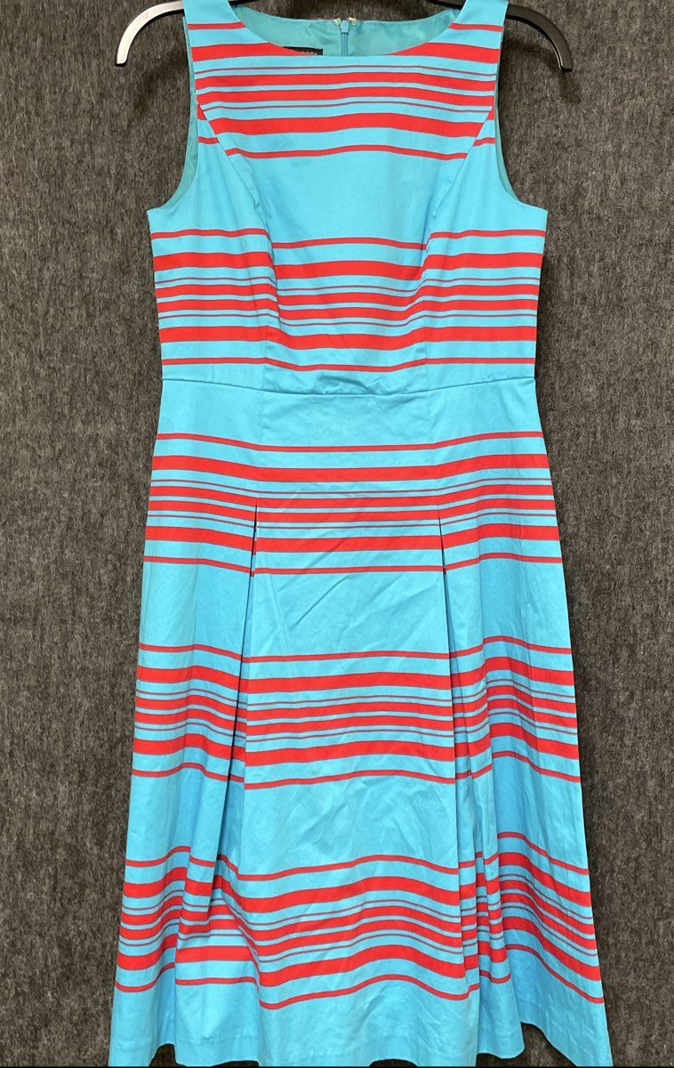 Talbots Women's Blue Red Striped Sleeveless Fit Flare A-Line Pleated Dress Sz 4