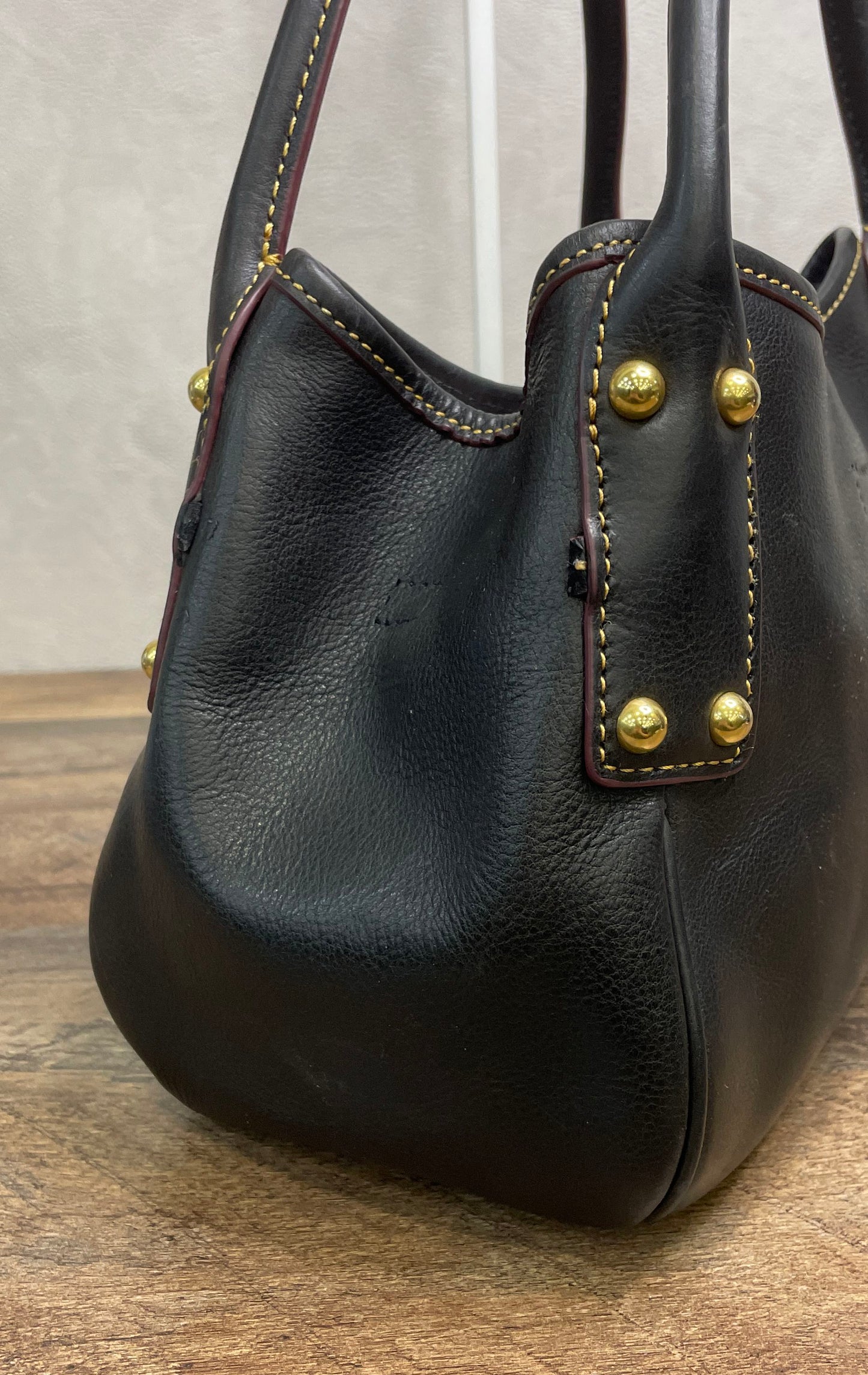 Dooney & Bourke Black Pebbled Leather Satchel Bag Brass Hardware Red Lining