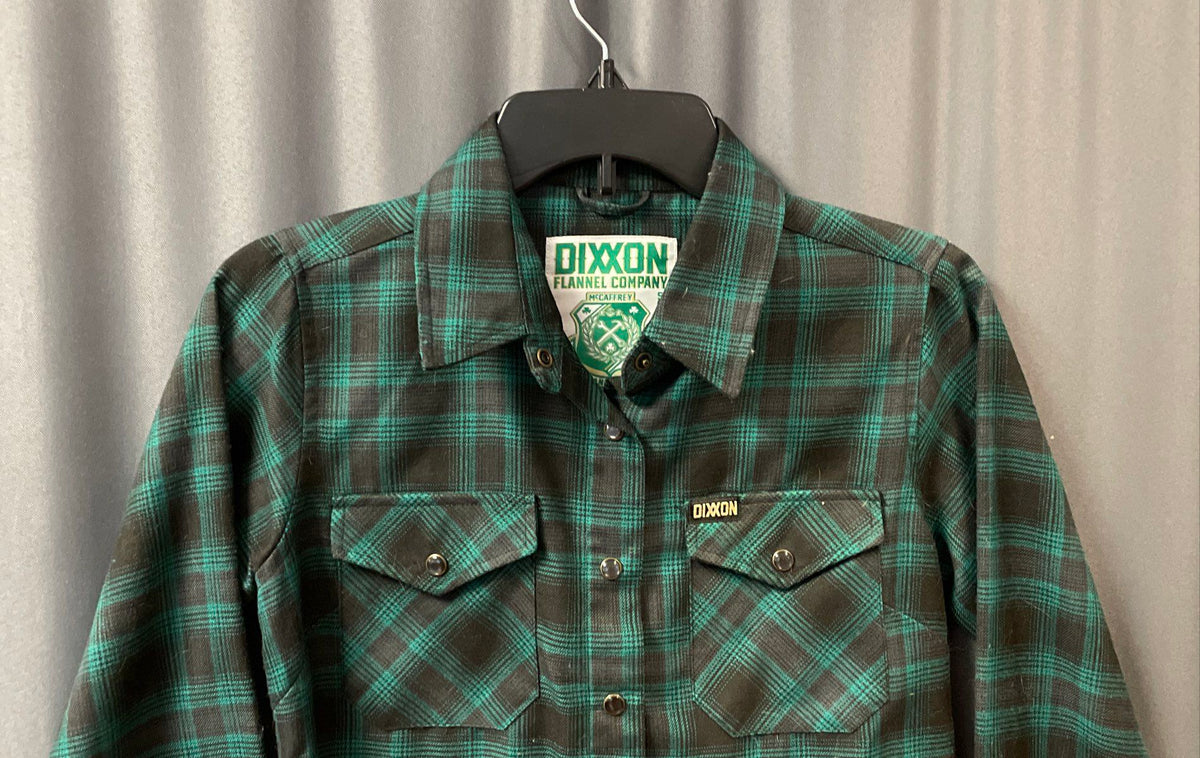 Dixxon Women's McCaffrey Green Black Plaid Flannel Snap Front Shirt Sz S