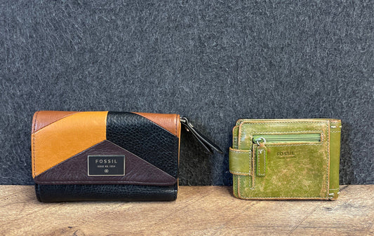 Fossil Patchwork Leather Tri-Fold & Green Bifold Wallet Purse Lot of 2