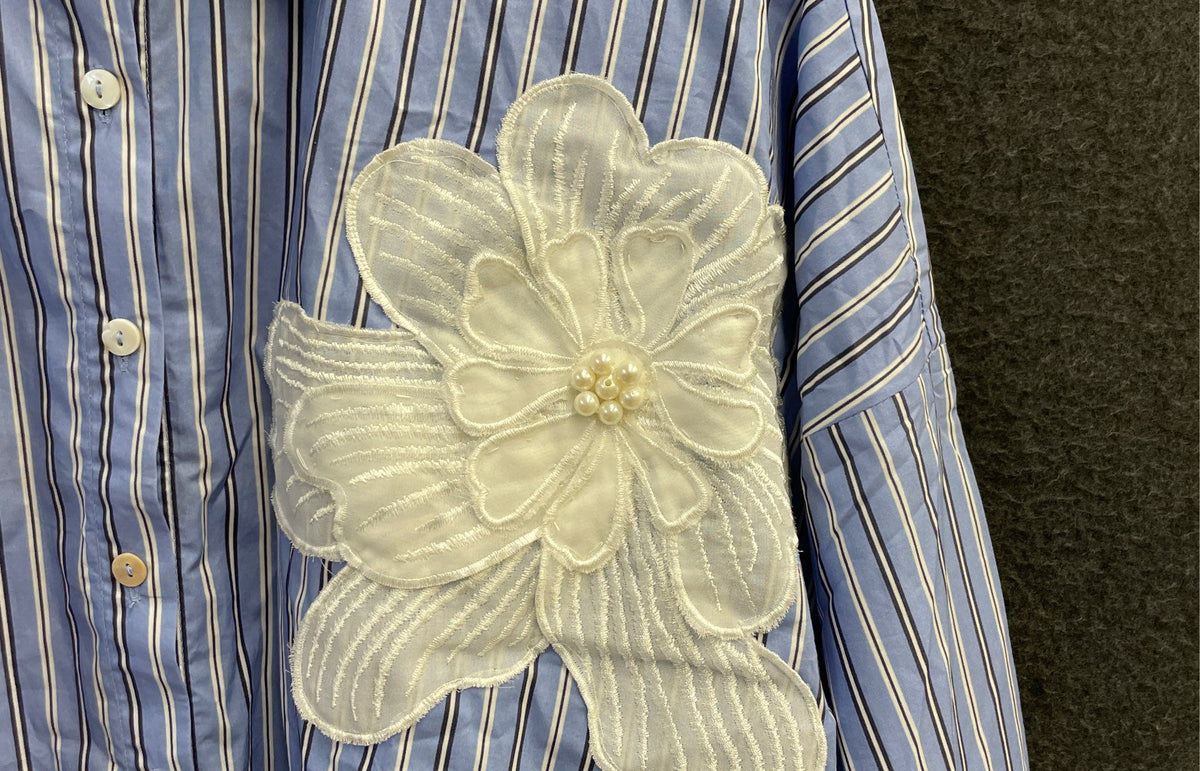 Khaadi Women's Blue White Striped Floral Applique Oversized Shirt NWT Size L
